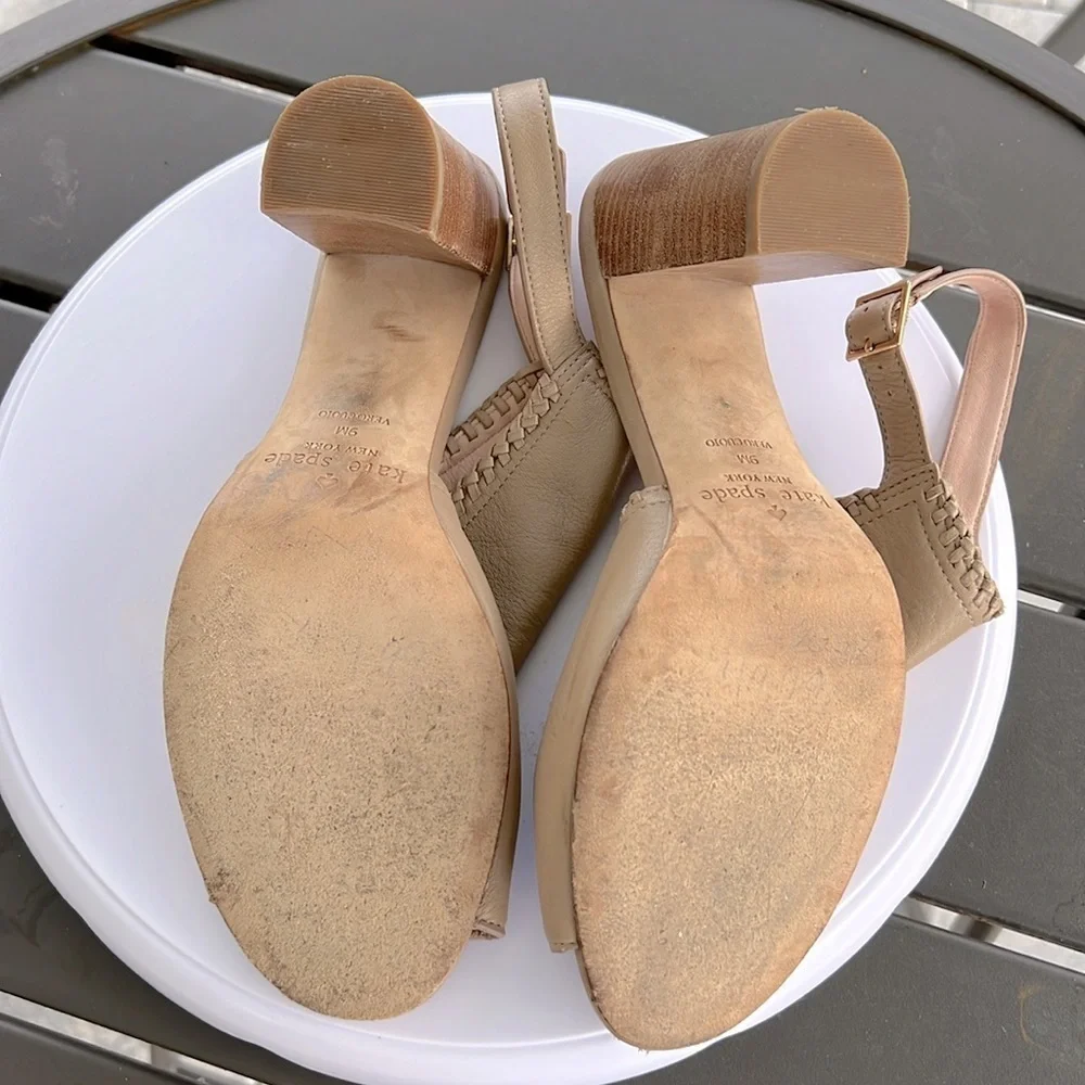 Kate Spade Minimalist Taupe Leather Block Heel Sandals 9 Quiet Luxury Chic